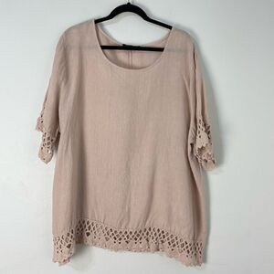 Lungo L'Arno 100% Linen Crochet Trim Blush Pink Top 2X‎ Cottagecore Boho Office